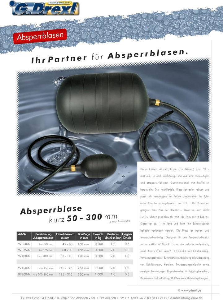 Absperrblase Dichtkissen Rohrdichtkissen Pipeplug Testplug kurz 100 mm Ø geeignet für Rohrdurchmesse