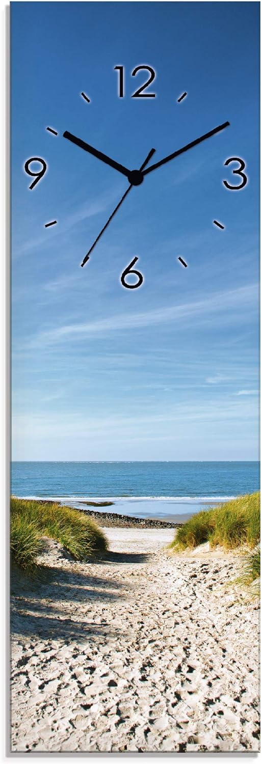 ARTLAND Wanduhr ohne Tickgeräusche Glas Quarzuhr 20x60 cm Rechteckig Lautlos Landschaft Strand Meer