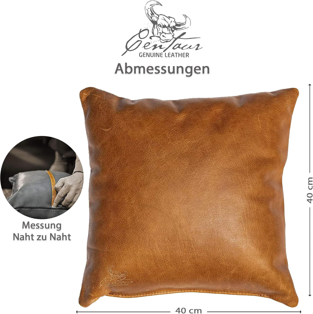 Centaur - Deko Lederkissen 40 x 40 cm für Sofa oder Schlafzimmer Cognac / Vintage - Echt Leder Kisse