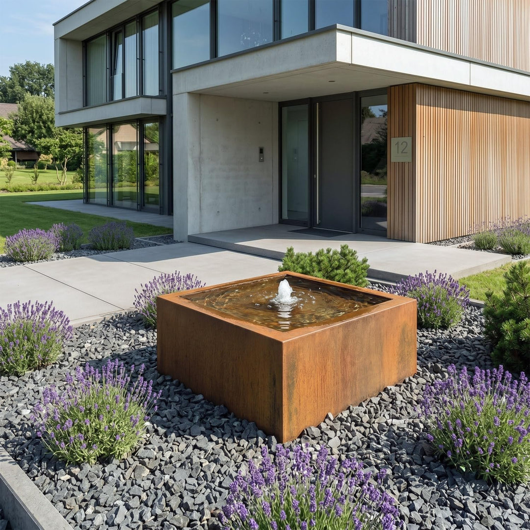 Cortenstahl Brunnen Quadro Quellbrunnen für Garten &amp; Terrasse | Set mit LED Beleuchtung, Viereckig,