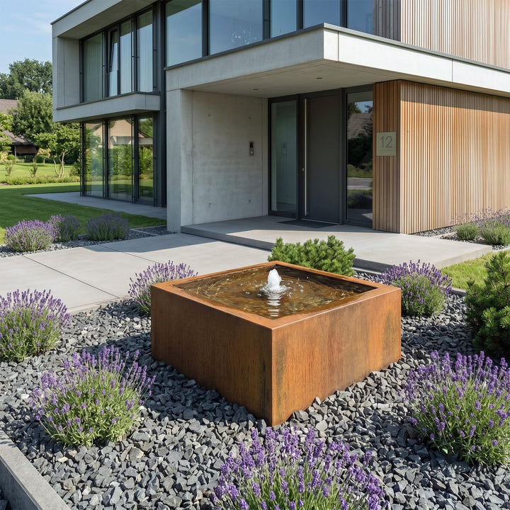 Cortenstahl Brunnen Quadro Quellbrunnen für Garten &amp; Terrasse | Set mit LED Beleuchtung, Viereckig,
