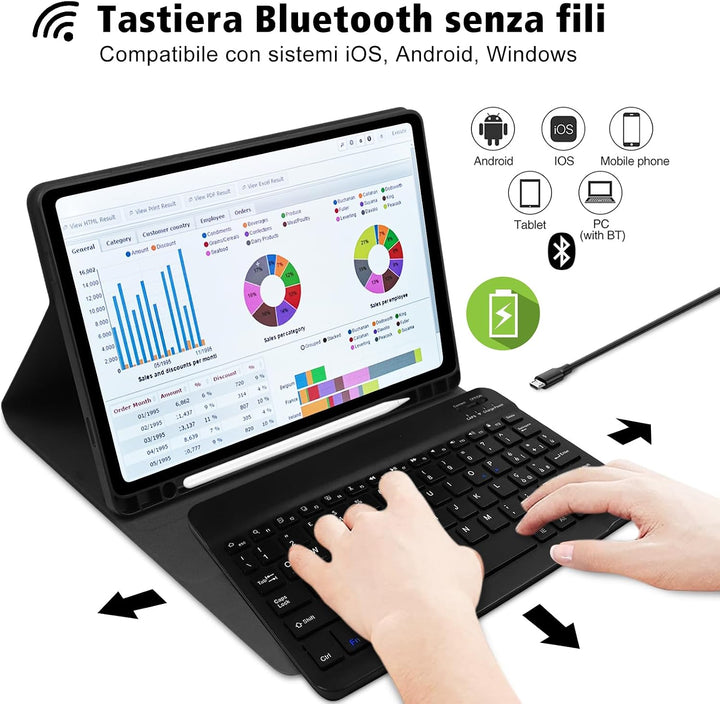 Schutzhülle mit Tastatur für Samsung Galaxy Tab A9 Plus, Italienische QWERTY Bluetooth-Tastatur für