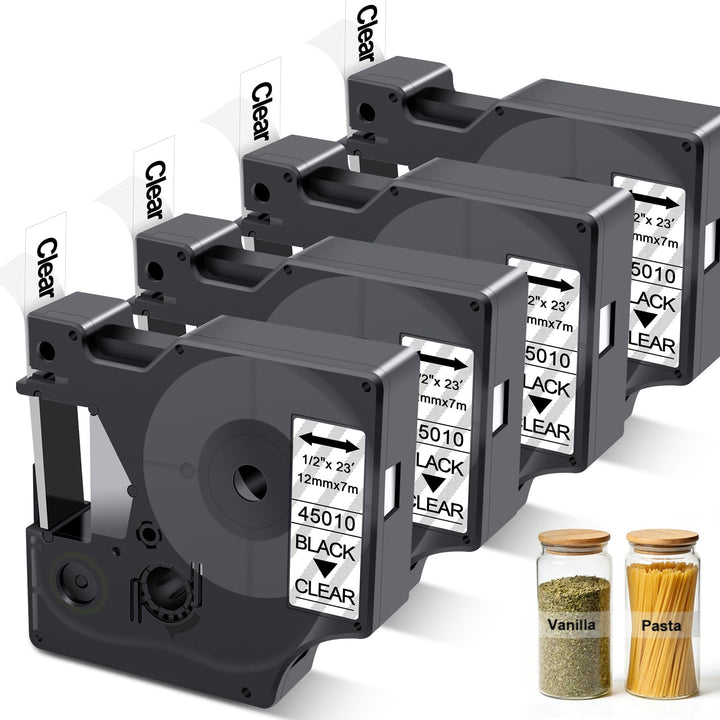 4x 45010 Etikettenband 12mm Kompatibel mit Dymo D1 Plastic Clear Schriftbänder, Schwarz auf Transpar