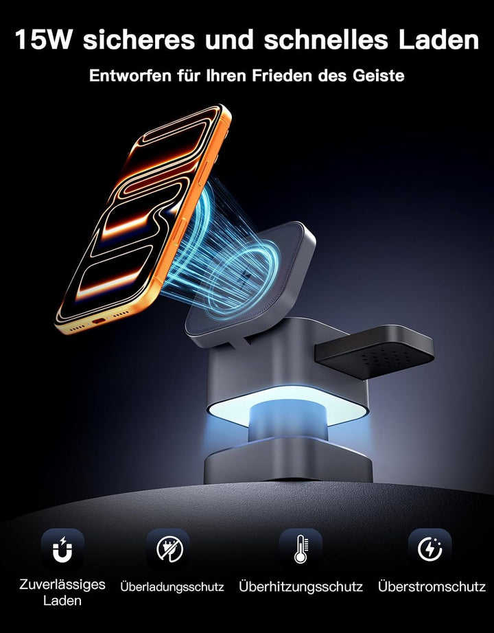 3-in-1 Kabellose Ladestation, Drehbar &amp; Einziehbar mit Nachtlicht, Kompatibel mit iPhone 17/16/15/14