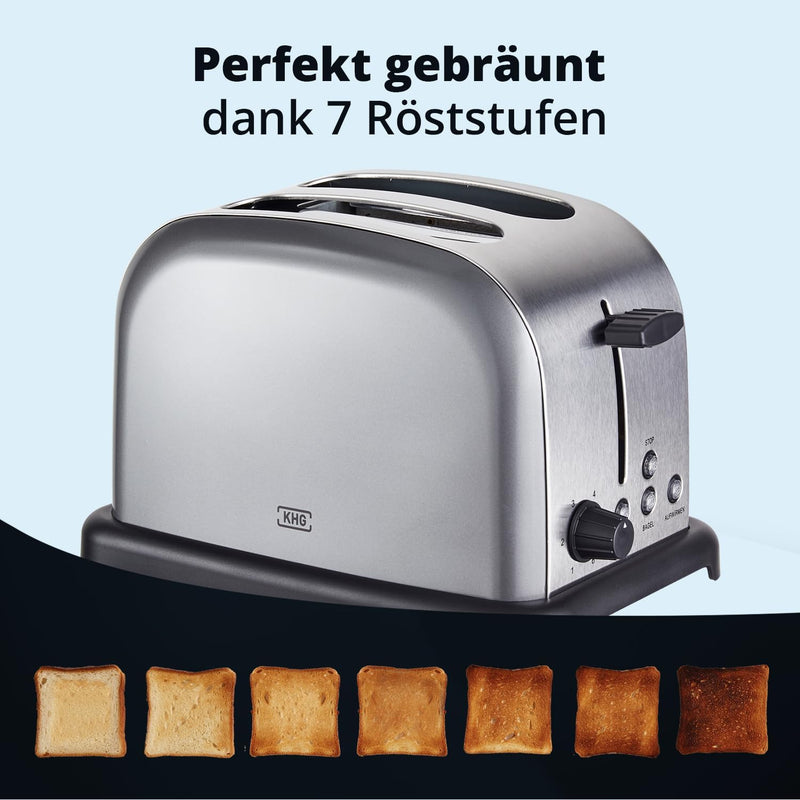 KHG Retro Frühstücksset | Toaster 2 Scheiben mit Brötchenaufsatz, 7 Bräunungsstufen 850W | Wasserkoc