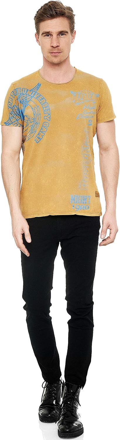 T-Shirt Herren Kurzarm Rundhals Tshirt Printed Shirt Regular Fit Verwaschen Plakativer Druck 232, Fa