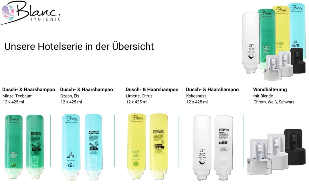 SET: Professionelles Shampoo-Duschgel-Set –12x425 ml–verschied. Düfte+4x Hlterung in verschied. Farb