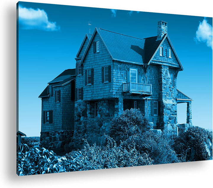 schönes Landhaus in der Natur Format 80x60 Effekt: Monocrome Blau als Leinwandbild, Motiv fertig ger
