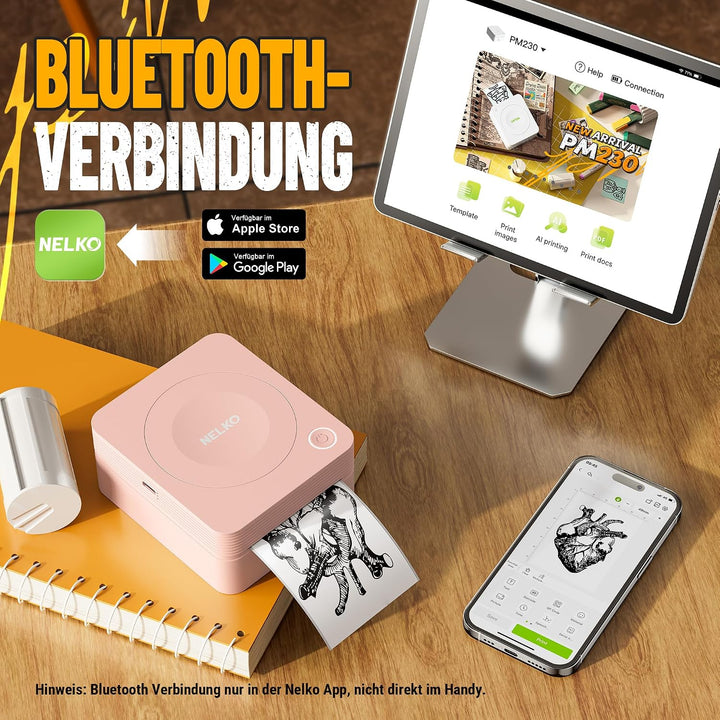 Nelko Aufkleber Drucker, PM230 Mini Drucker Bluetooth Portabel Sticker Maker mit 3 Rollen Papier, fü