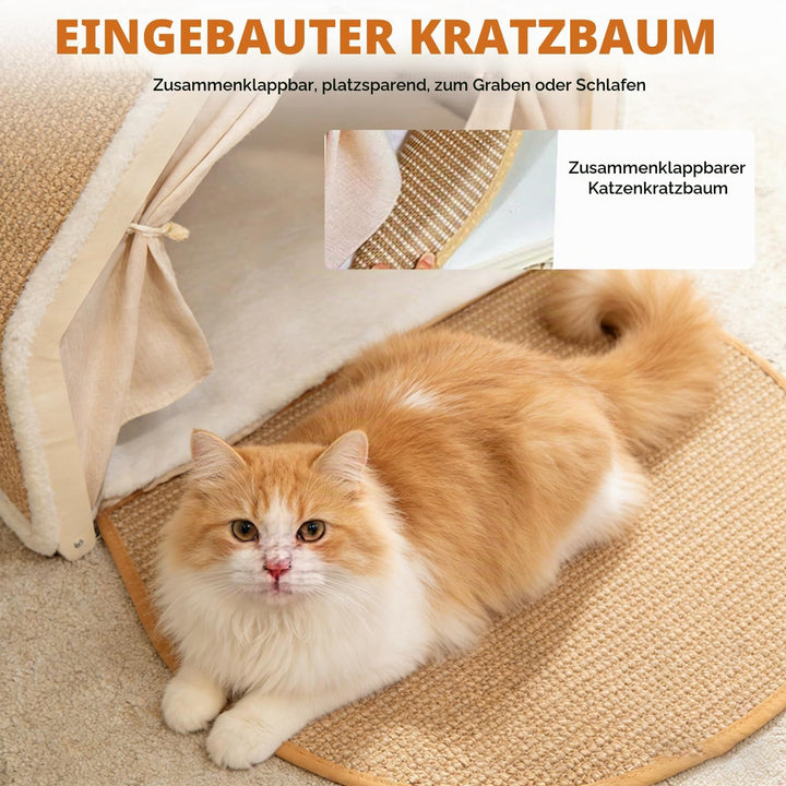 2-in-1 Katzenhaus mit Kratzbrett, Holz katzenzelt &amp; Sisal Kratzfläche als Gemütliche Katzenhöhle für