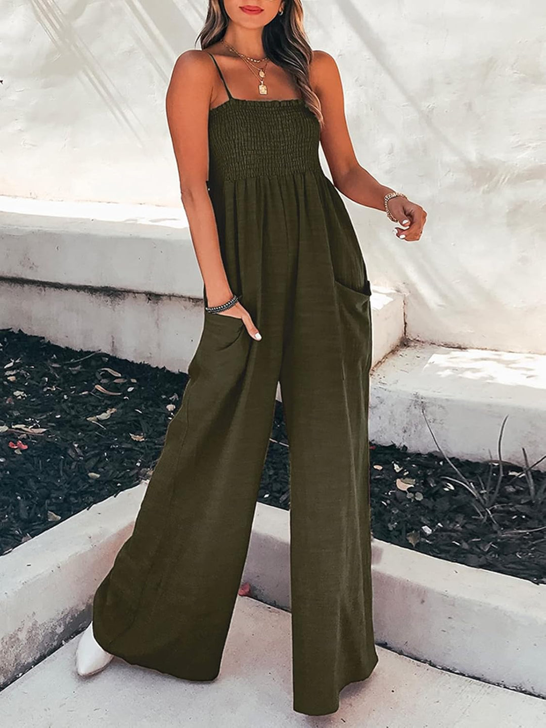 CUPSHE Damen Jumpsuit Square Neck Ärmellos Weites bein Sommer Lang Overall Romper Gesmokter Spaghett
