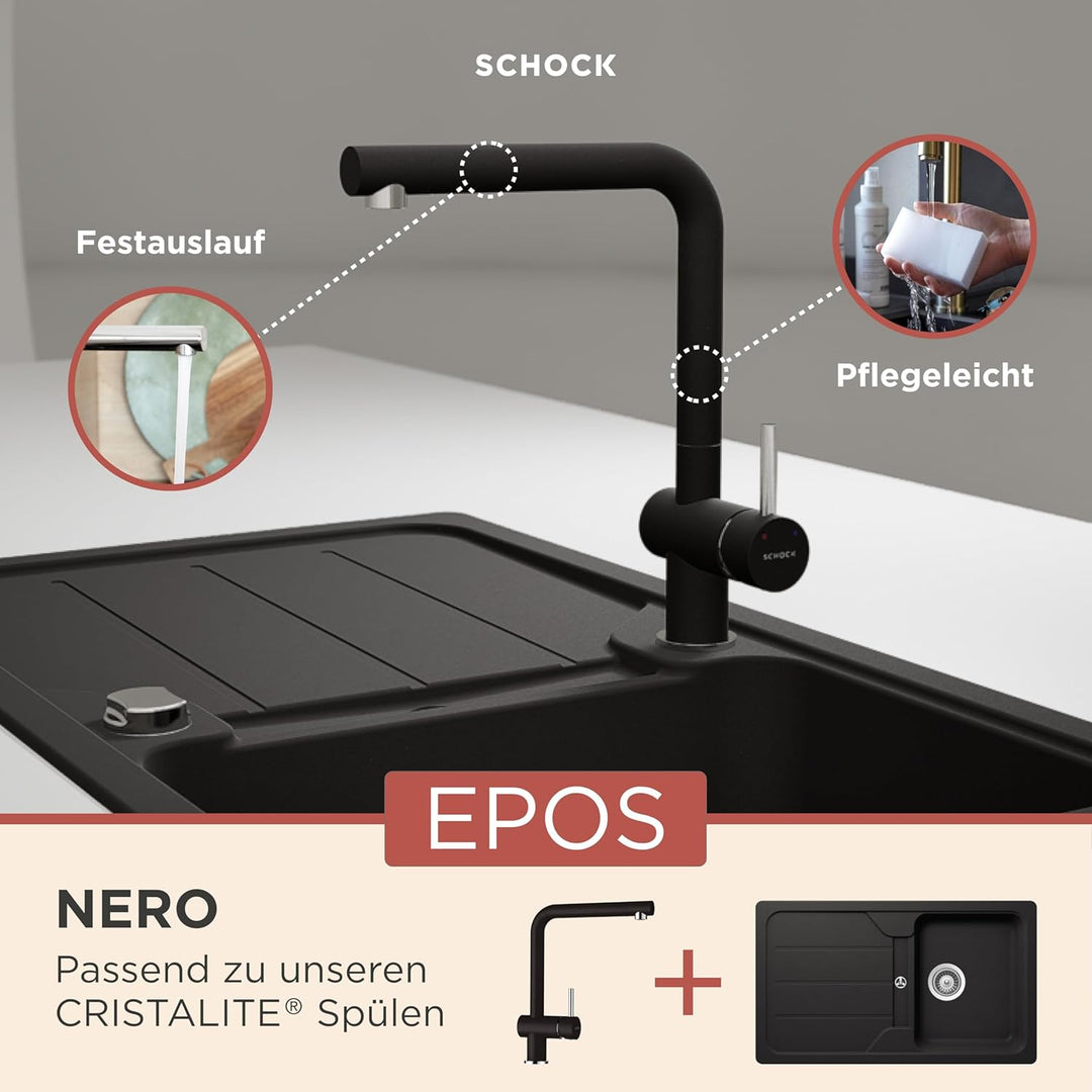 SCHOCK Küchenarmatur Epos Nero – Hochdruck Armatur mit Festauslauf und Standard Norm-Anschlüssen Fes