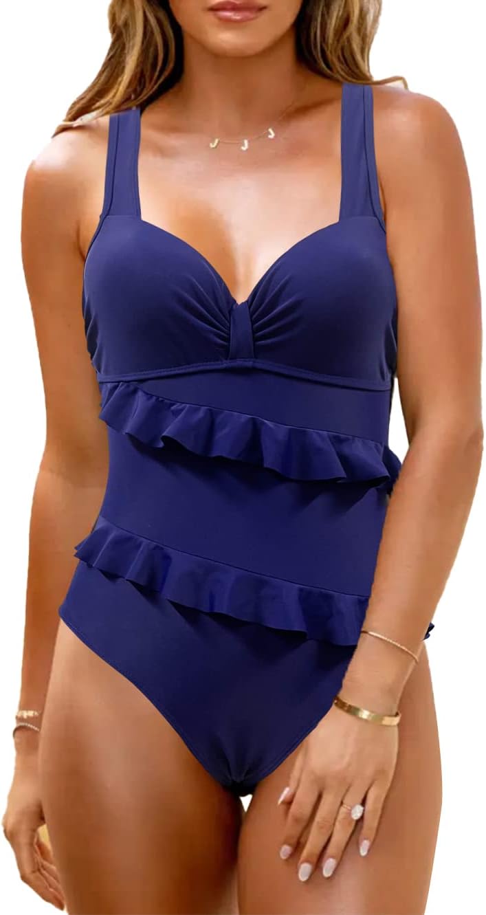 JFAN Badeanzug Damen mit Doppelter Rüsche Push Up Badeanzug Damen Bauchweg mit Bügel L Blau, L Blau