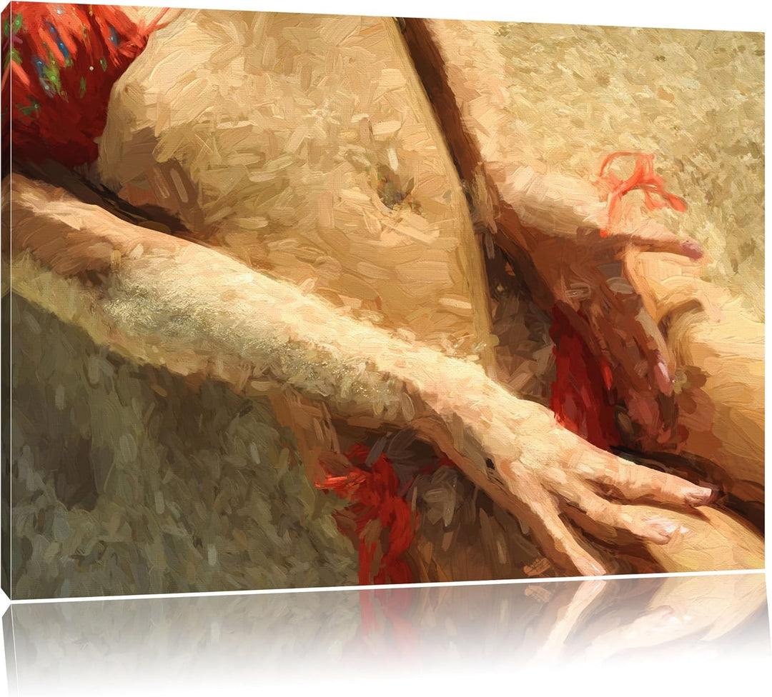 Pixxprint Sexy Frau im Bikini am Strand Pinsel Effekt, Format: 100x70 auf Leinwand, XXL riesige Bild