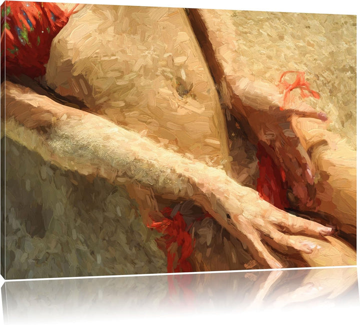 Pixxprint Sexy Frau im Bikini am Strand Pinsel Effekt, Format: 100x70 auf Leinwand, XXL riesige Bild