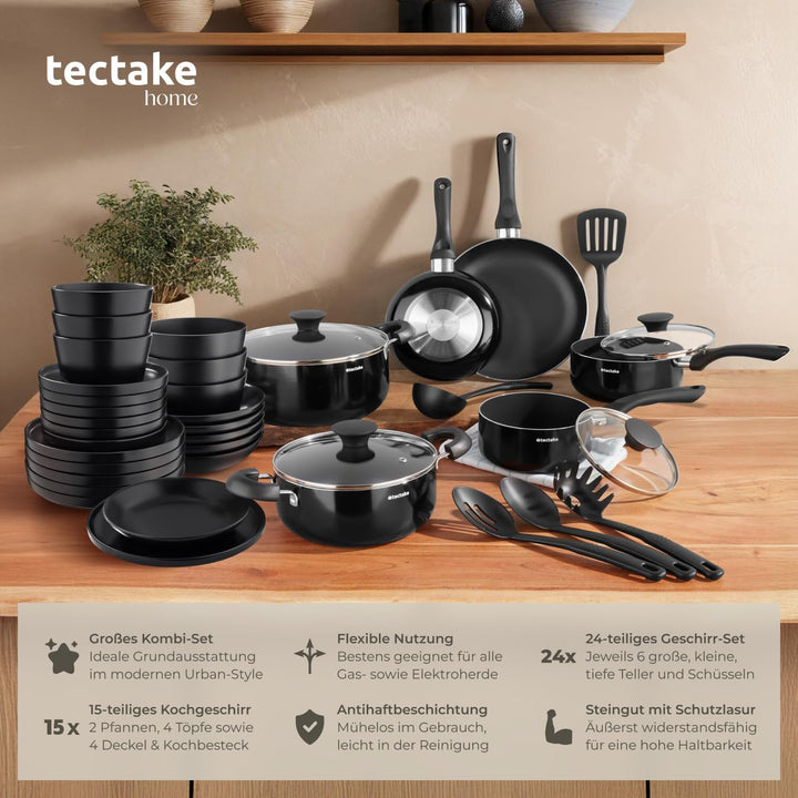 tectake® Küchenstarterset 6 Personen, Steingut Geschirr Set, Teller, 4 Töpfe 2 Pfannen rostfreies Al