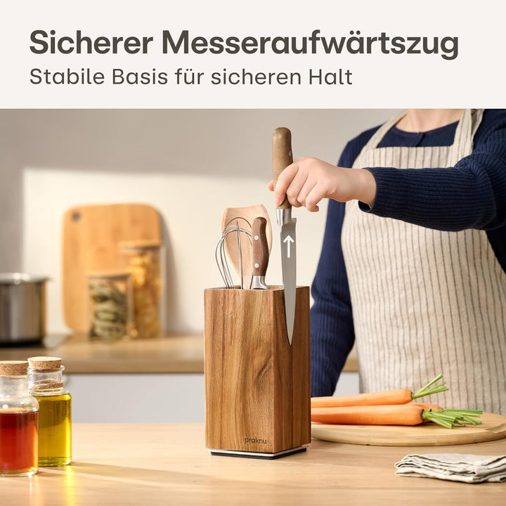 Praknu Messerblock Magnetisch 360° drehbar ohne Messer – FSC® Akazienholz mit Platz für Küchenutensi