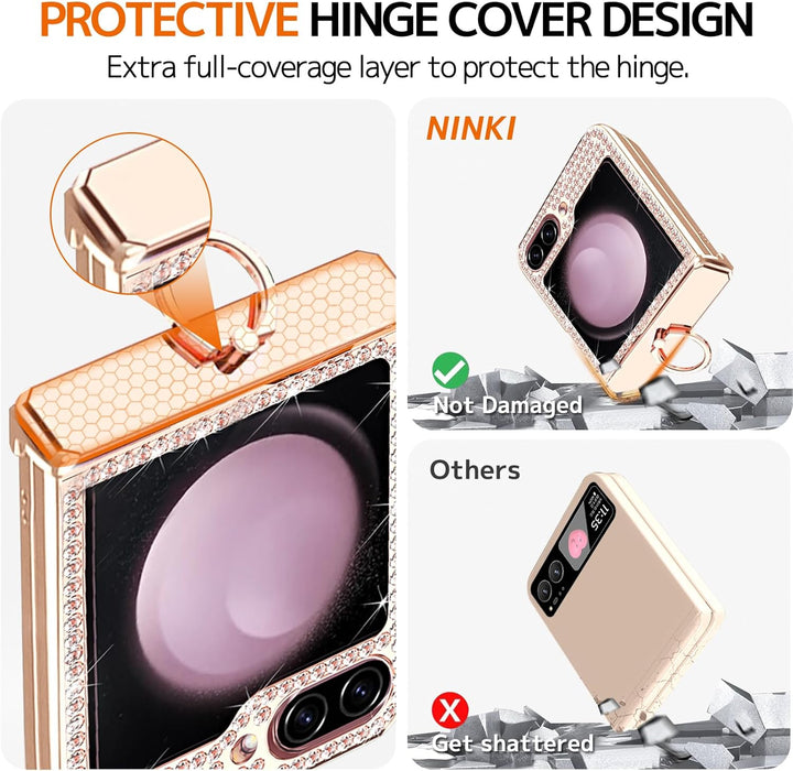 NINKI für Samsung Galaxy Z Flip 6 Case mit Ring Scharnier Schutz,Luxus Glitter Shiny Strass Diamond
