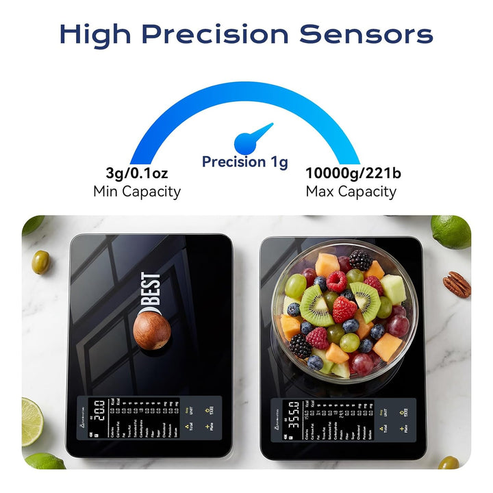 OBEST Digital Bluetooth Küchenwaage mit 30 Nährwertberechnung 10kg/1g | Smart Küchenwaage mit Kalori