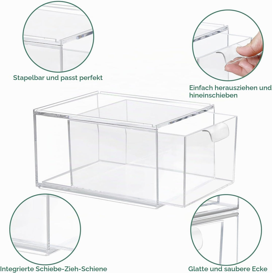 3Pack Stapelbare Aufbewahrungsschubladen mit 3 Qtip Halter,Transparente Acrylic Drawer Organiser mit