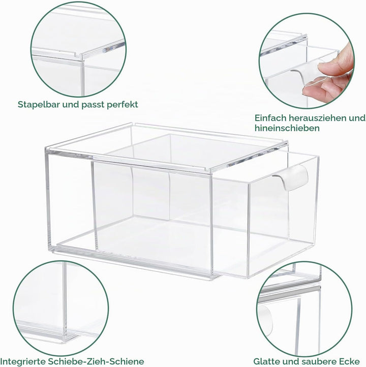 3Pack Stapelbare Aufbewahrungsschubladen mit 3 Qtip Halter,Transparente Acrylic Drawer Organiser mit