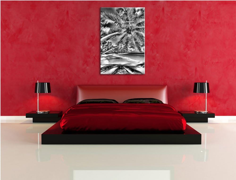 Monocrome, Palmenstrand, Format: 100x70 auf Leinwand, XXL riesige Bilder fertig gerahmt mit Keilrahm