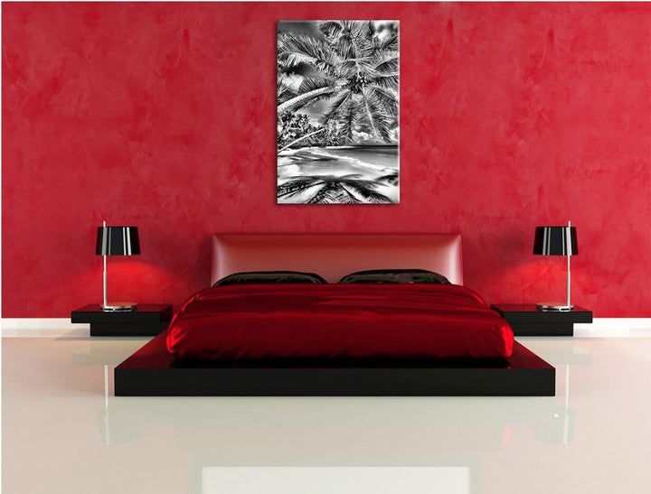 Monocrome, Palmenstrand, Format: 100x70 auf Leinwand, XXL riesige Bilder fertig gerahmt mit Keilrahm