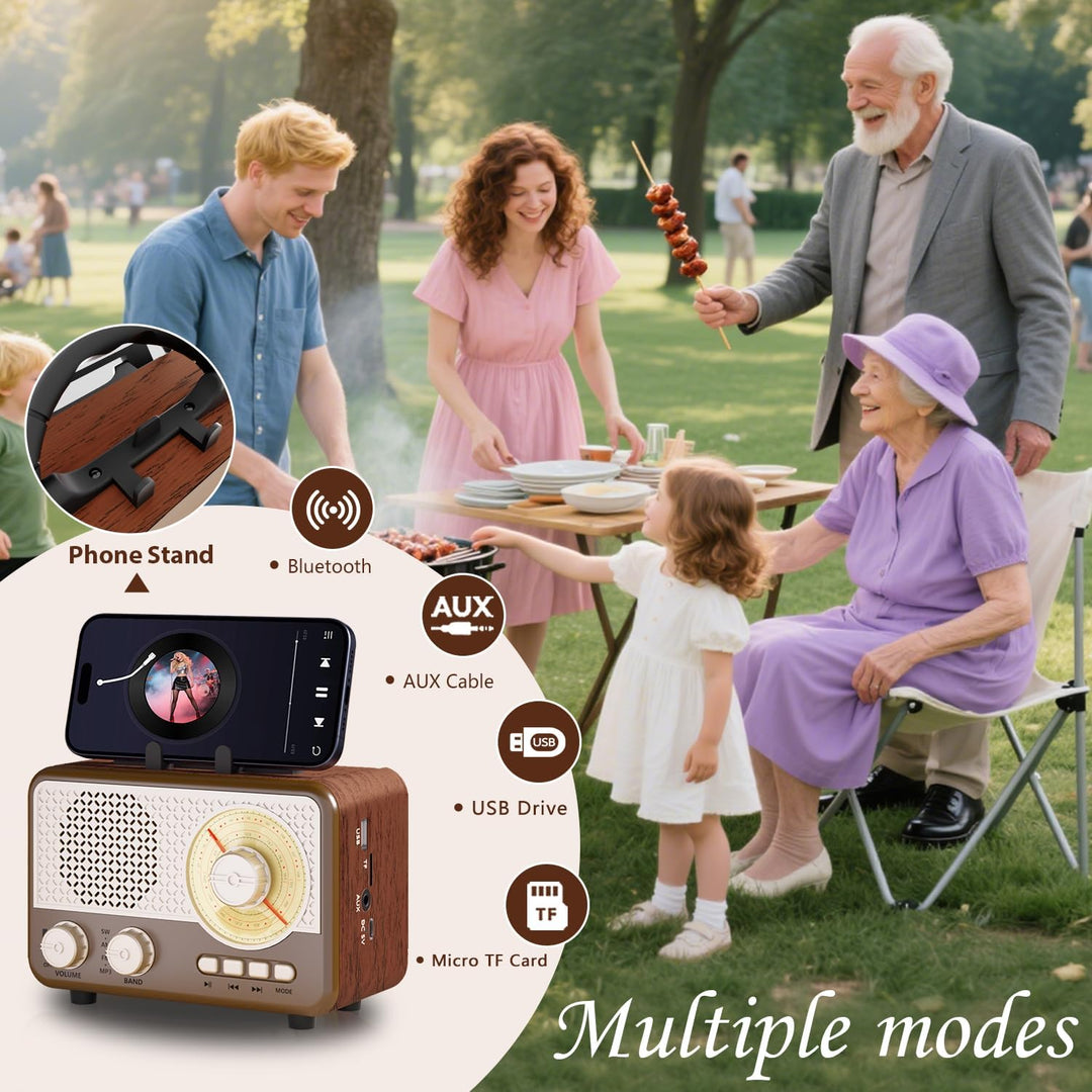 Radio Tragbar AM/FM/SW Outdoor Solar Retro Radio mit Bluetooth Lautsprecher Klein mit Stromkabel,Küc