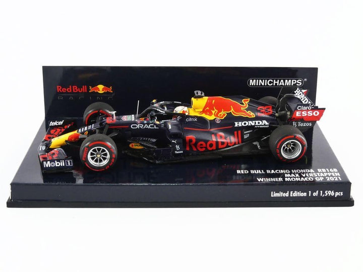 Minichamps 410210633 1:43 Red Bull Racing Honda RB16B-Max Verstappen-Winner Monaco GP 2021 Sammlerst