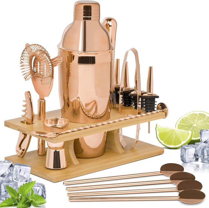 ONVAYA® Cocktail Set in Rosé-Gold | Cocktail Geschenkset mit Bambus-Halter | Cocktail Shaker Set | p
