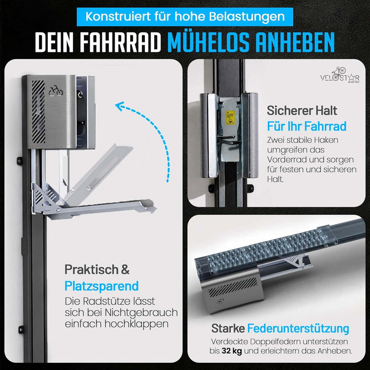 Fahrradlift für Garage von Velostar by 32 kg Fahrradwandhalterung Fahrrad Lift mit Sicherheitsbremse