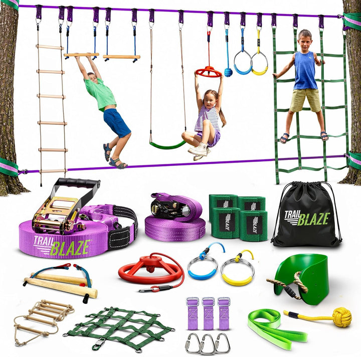 Ninja Warrior Obstacle Course for Kids Workout Equipment, 2 x 55ft Slacklines with 10 Weatherproof &