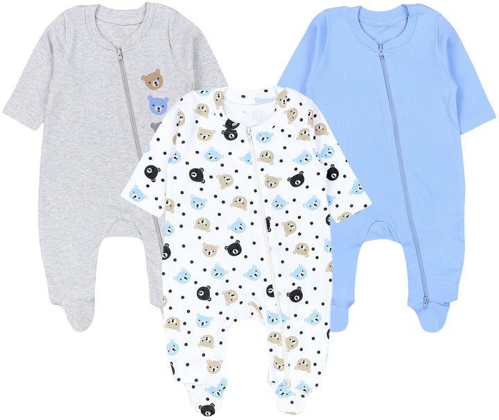 TupTam Unisex Schlafstrampler 3er Pack Baumwolle mit Reissverschluss 56 Bären Hellblau Beige Grau, 5
