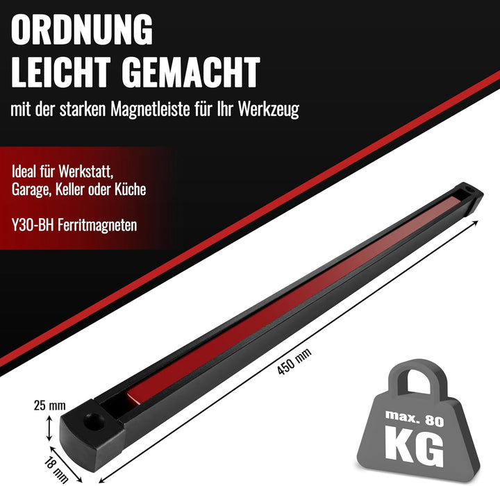POPPSTAR Werkzeug-Magnetleiste (45cm) Magnet-Werkzeughalterung für Werkstatt & Garage 450*25*18mm (8