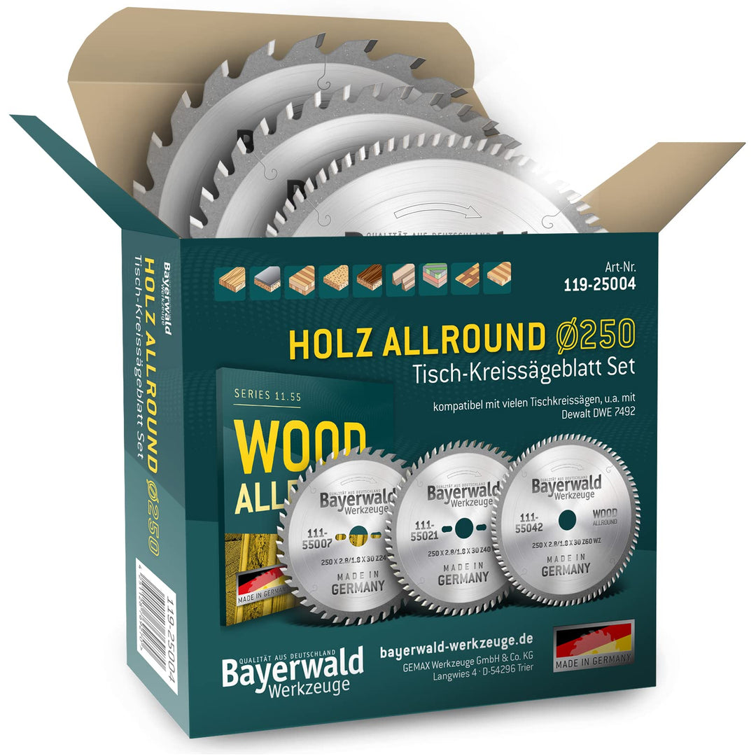 Bayerwald Kreissägeblatt Set Ø250 (3 tlg.) - für Holz Längs &amp; Querschnitte Allround - geeignet für T