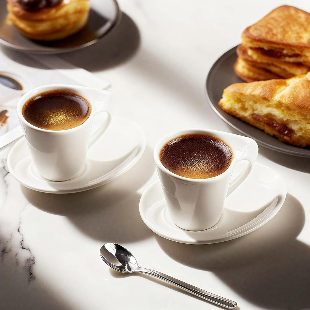 JUJOYBD Espressotassen Set mit Ständer, 6 x 80ml Porzellan Espresso Tassen mit Untertassen Set, Mokk