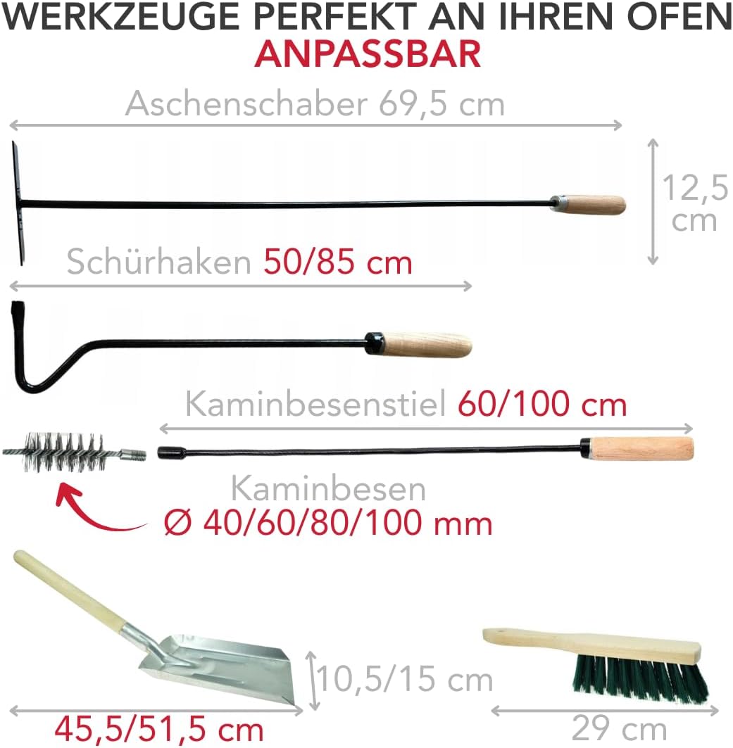 6 Tlg. Kaminbesteck: Schürhaken + Besen + Ascheschaber 70cm + Heizkesselbürste mit Schubstange + Koh