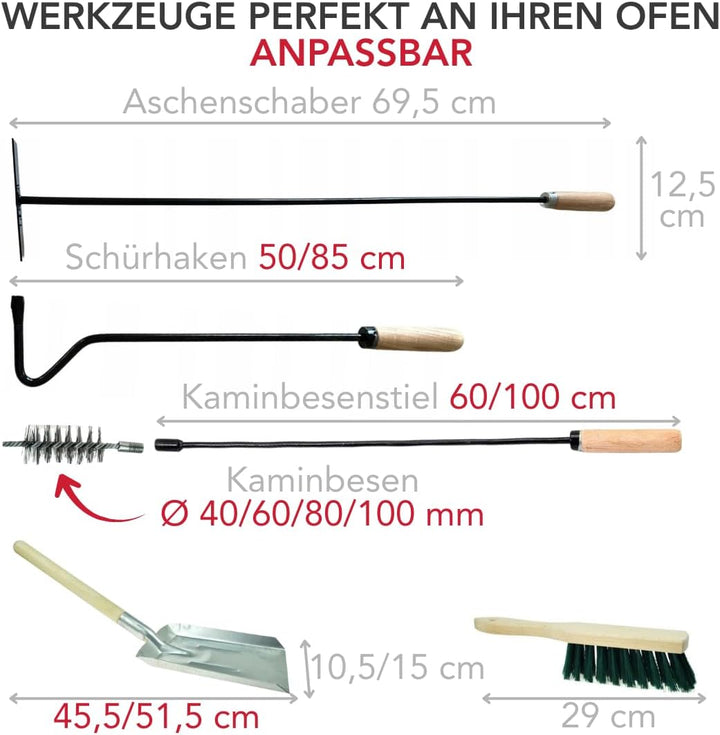 6 Tlg. Kaminbesteck: Schürhaken + Besen + Ascheschaber 70cm + Heizkesselbürste mit Schubstange + Koh