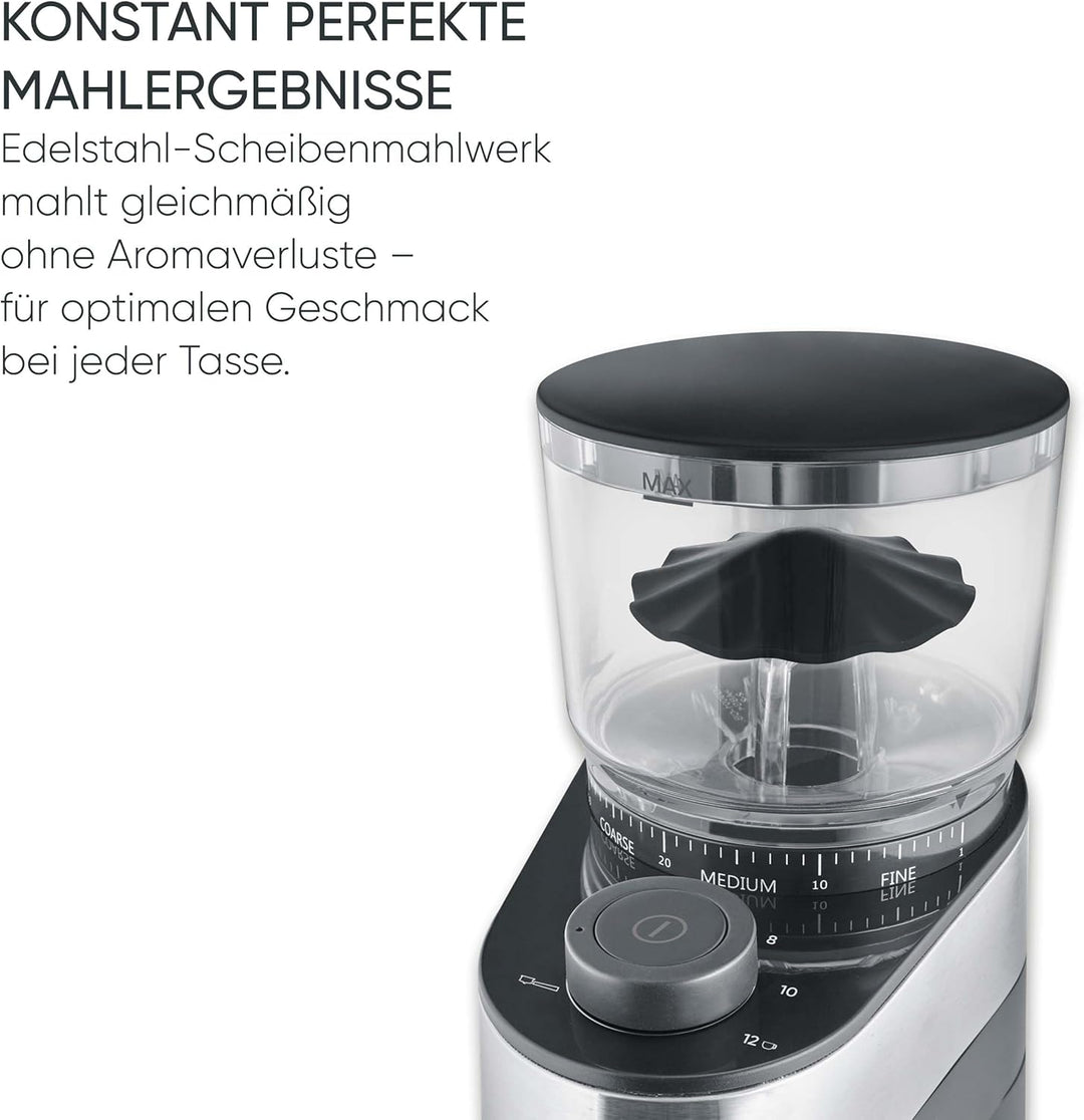 SEVERIN Kaffeemühle, Scheibenmahlwerk, einstellbare Mengendosierung, Mahlgrad in 30 Stufen einstellb