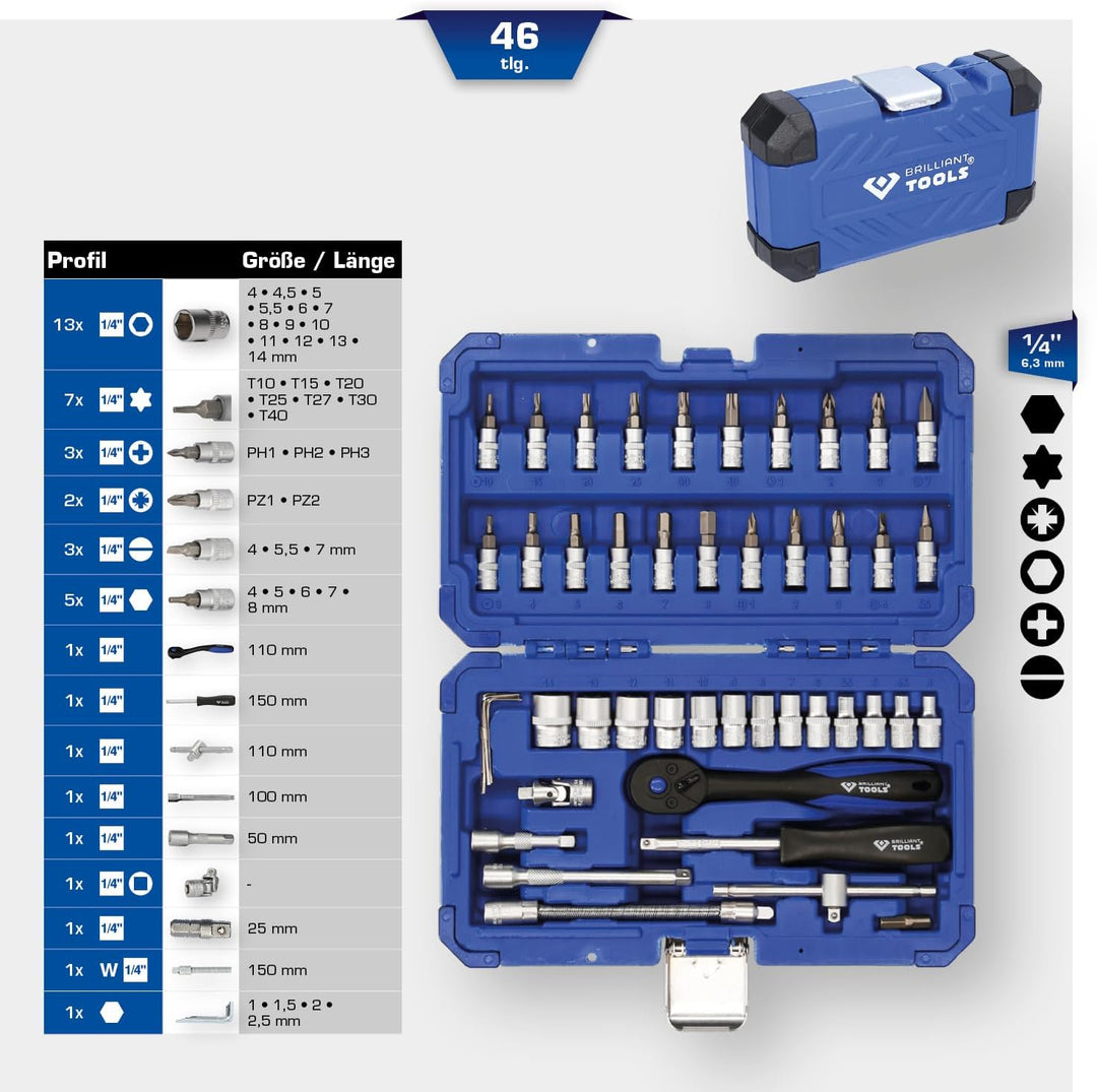 BRILLIANT TOOLS BT020046 1/4" Steckschlüssel-Satz, 46-tlg [Powered by KS TOOLS] 46-tlg., 46-tlg.