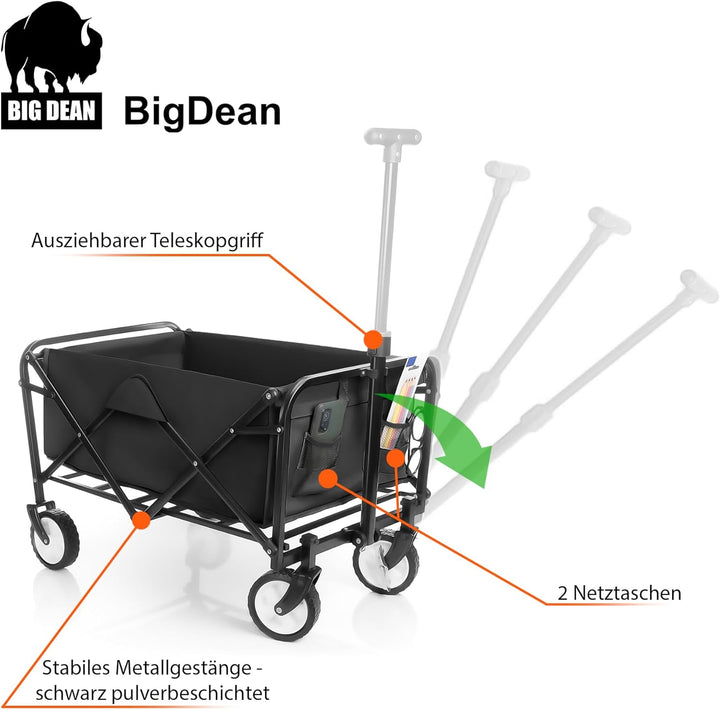 BigDean kompakter Bollerwagen faltbar schwarz bis 80kg belastbar – Kleiner Bollerwagen platzsparend