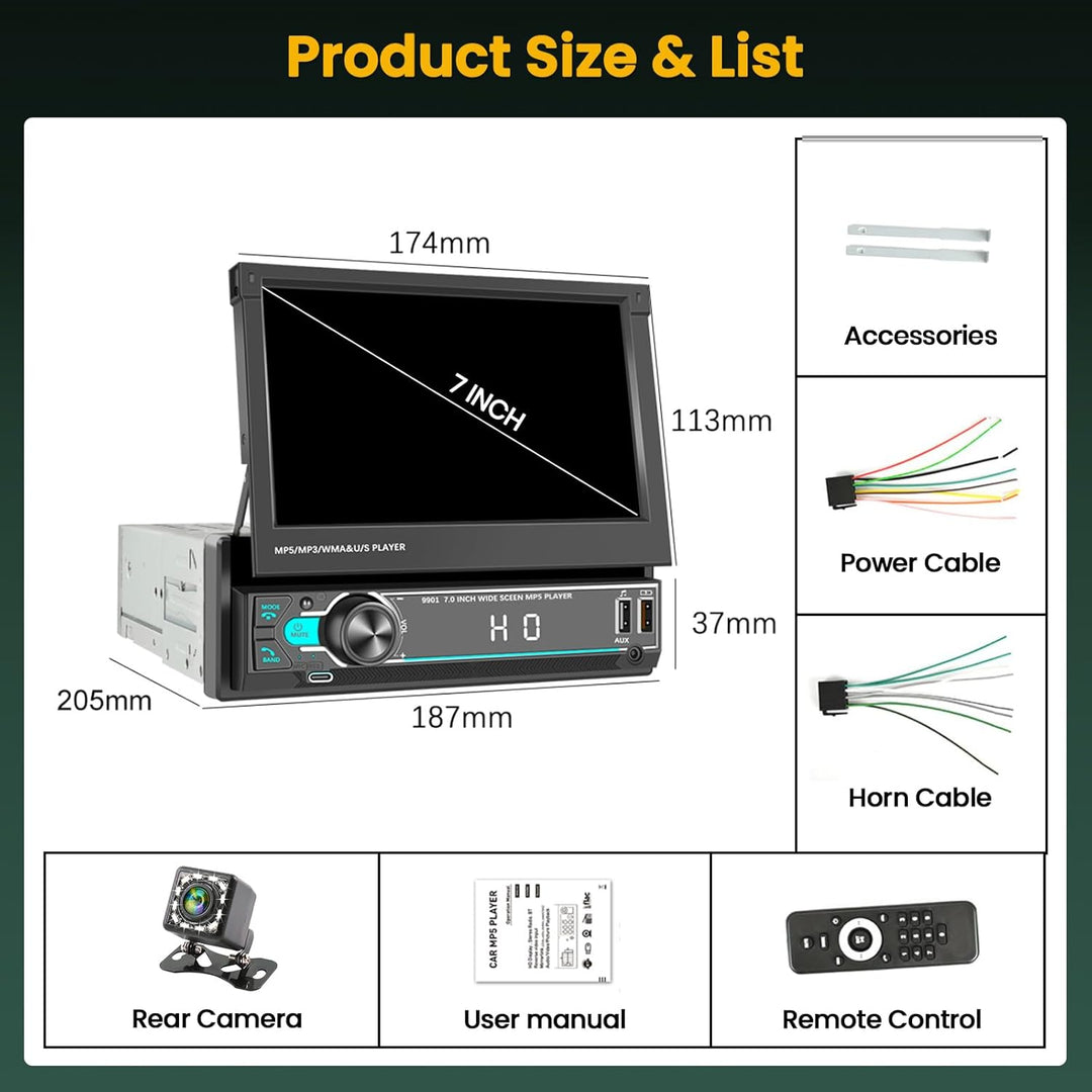 Hikity 1 Din Autoradio mit 7 Zoll Manuell Einziehbarer Touch Display Radio mit Ausfahrbarem Bildschi