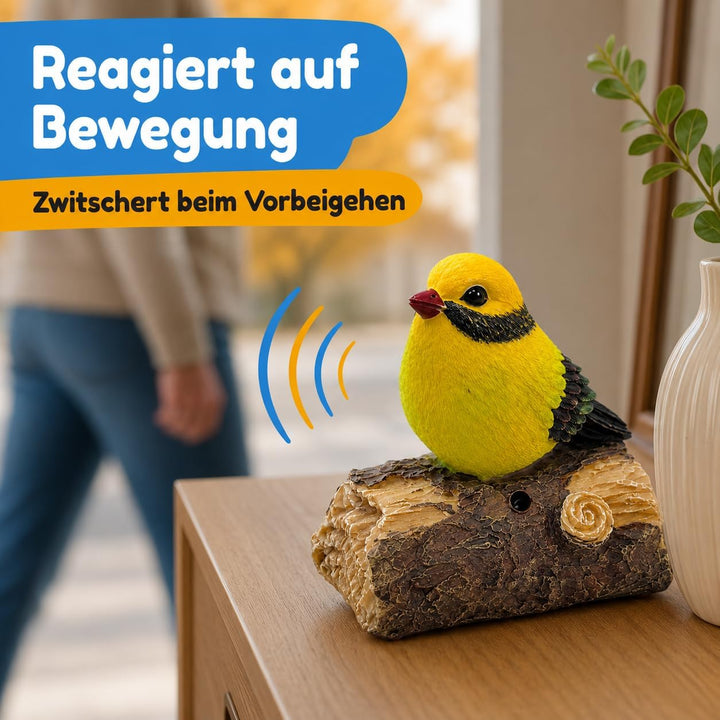 MIJOMA Dekovogel mit Vogelgezwitscher & Bewegungsmelder – Zwitschernder Vogel auf AST, Handbemalt, 1