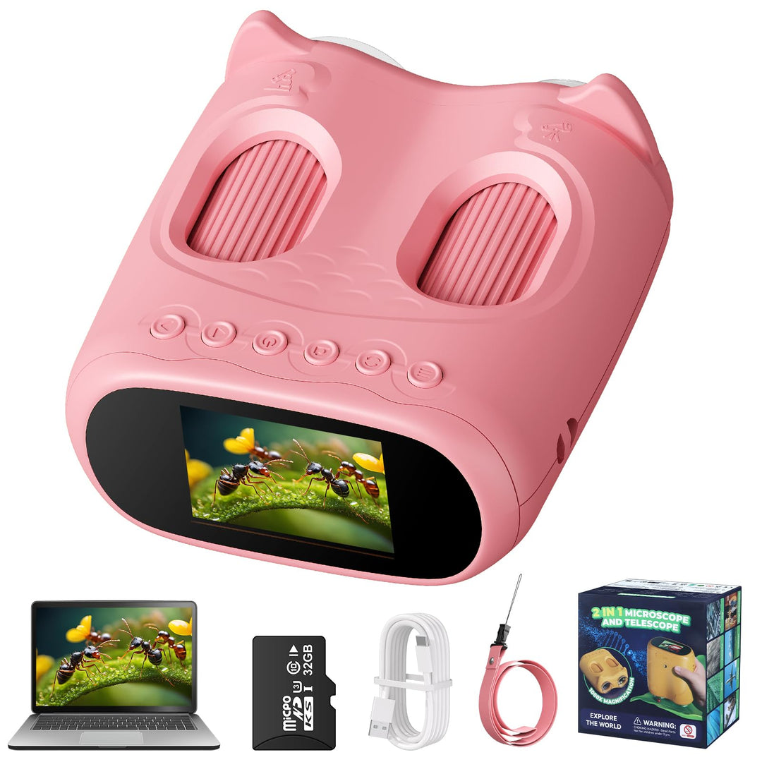 2-in-1 Digitales Mikroskop für Kinder und Teleskop, Tragbares Taschenmikroskop mit 32GB Speicherkart