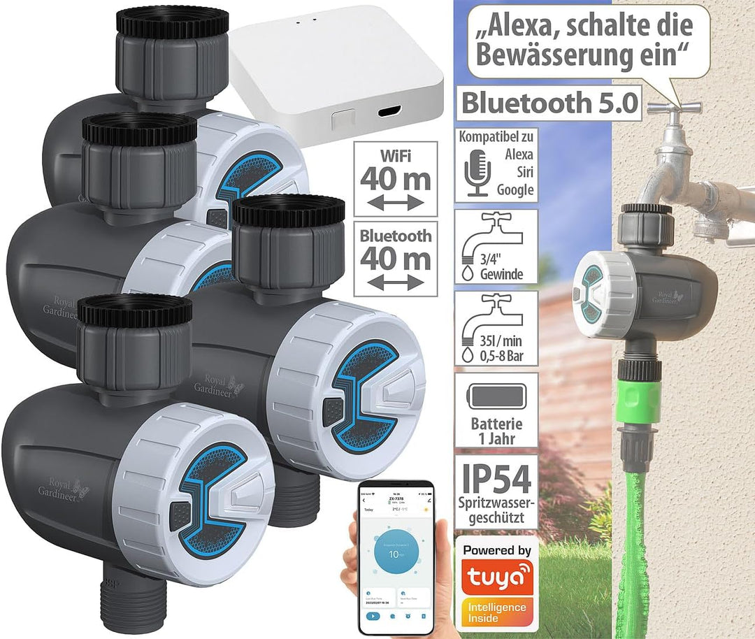 Royal Gardineer Bewässerung WLAN: 4 smarte programmierbare Bewässerungscomputer mit WLAN-Gateway & A