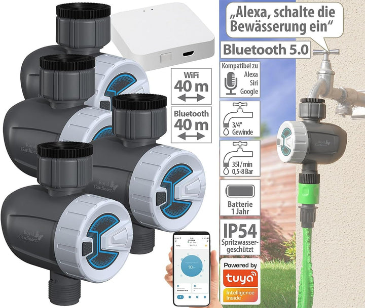 Royal Gardineer Bewässerung WLAN: 4 smarte programmierbare Bewässerungscomputer mit WLAN-Gateway & A