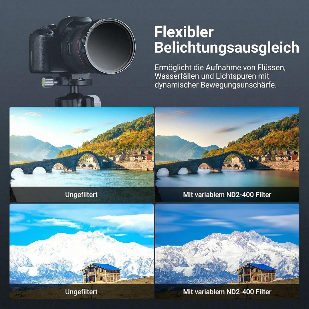 NEEWER BASICS 62mm variabler ND Filter, ND2-400 1-9 Stops Lichtreduzierung, drehbarer variabler Grau