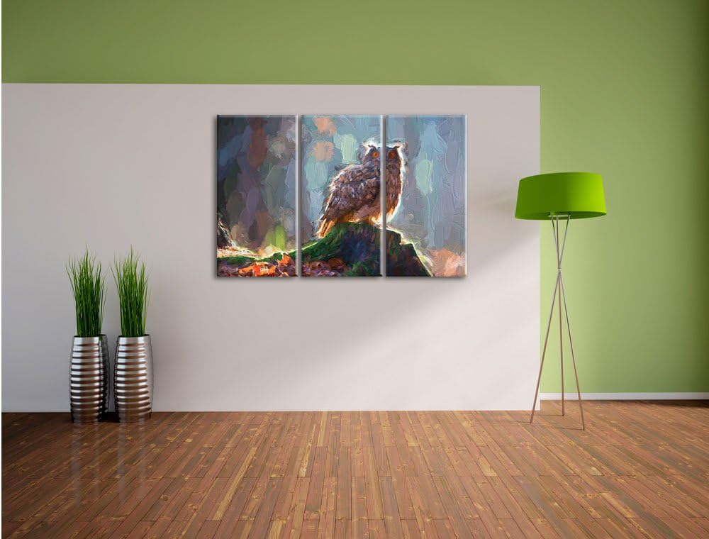 Pixxprint Eule auf dem Baumstamm als Leinwandbild/Grösse: 3 Teilig (120x80 cm) cm/Wandbild/Kunstdruc