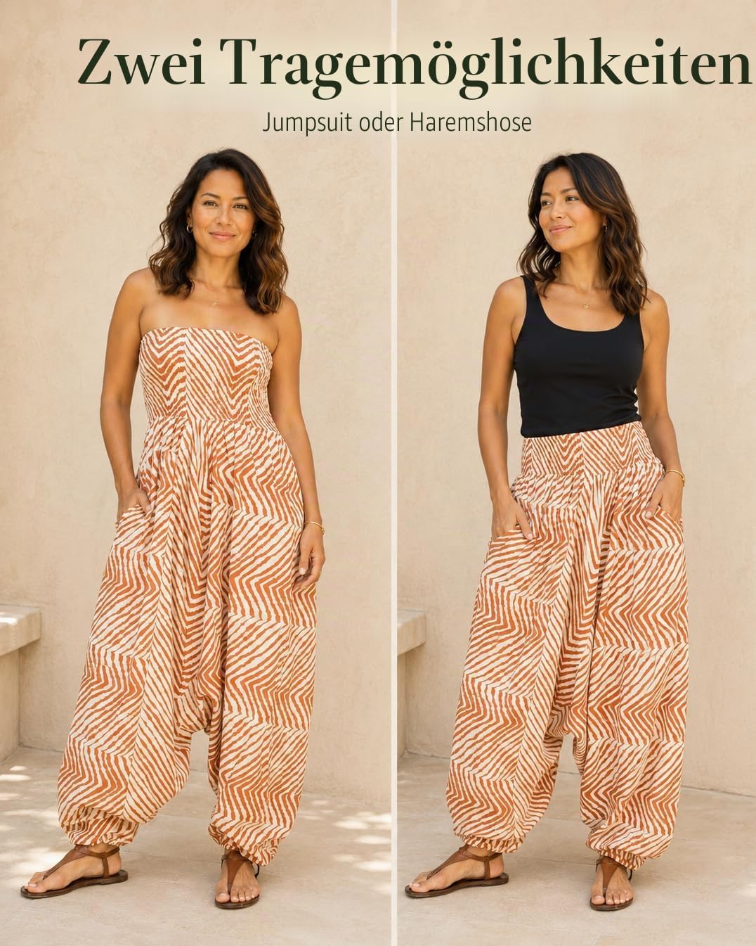 likemary Jumpsuit Damen Sommer & Bedruckter Baumwoll Haremshose mit Taschen – 2-in-1 Trägerloser Ein