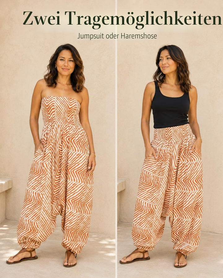 likemary Jumpsuit Damen Sommer & Bedruckter Baumwoll Haremshose mit Taschen – 2-in-1 Trägerloser Ein